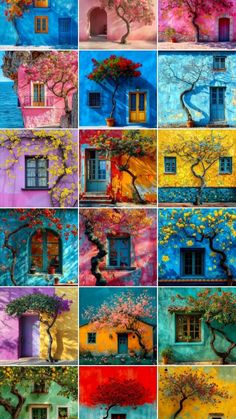 many different colored buildings with windows and trees painted on the side of each building in different colors