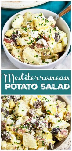 potato salad in a white bowl with parsley on top and the words mediterranean potato salad above it