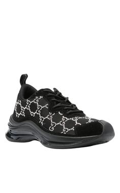 Elevate your sneaker game with these stylish Tela Black GG Crystal Mesh Runner Sneakers from Gucci. Featuring a flat heel, round toe, and lace-up vamp, these sneakers also have a cushioned footbed and rubber outsole for ultimate comfort. The mesh design is accented with crystal embellishments, while the suede and leather trim add a luxurious touch. Don't miss out on the suede panelling for a complete and sleek look.Composition: Mesh 100%, Calf Suede 100%Lining: Fabric 100%, Calf Leather 100%Sole Synthetic Flat Heel Sneakers For Streetwear, Designer Slip-on Sneakers For Streetwear, Synthetic Sneakers For Streetwear, High-top Lace-up Sneakers With Medium Fit, High-top Sneakers With Medium Fit, Streetwear Slip-on Sneakers With Round Toe, Luxury Platform Sneakers With Boost Midsole, Luxury Lace-up Sports Sneakers, Designer Sneakers With Rubber Sole