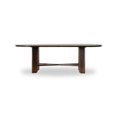 an oval wooden table with two legs and one leg extended to the side, against a white background