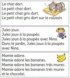 three different words in french with pictures of cats and bananas on the bottom one side