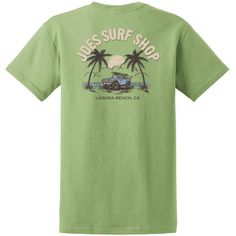 This men's beach t shirt sports a classic surf logo that reminisces of the 70s. It features the proud name "Joe's Surf Shop" arched above a serene beach tableau, where palm trees sway around an iconic woodie station wagon, the iconic surf-mobile. Beneath the scene, "Laguna Beach, CA" is emblazoned, grounding the design in the heart of California's surf culture. The graphic is rich with the spirit of the coast, evoking memories of salt air, surf wax, and endless summer days. Classic Heavyweight 6 Scene Tshirt, Surf Shop Shirt, Surf Shop Shirts, Laguna Hills California, Surf Wax, Surf Logo, Salt Air, Surf Culture, California Surf