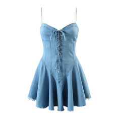 Put the 90s back on the map with our light-wash denim dress from our 2023 Summer Collection! This sleeveless above-the-knee dress features light-wash fabric. spaghetti-straps. raw hem. and drawstrings closure for a look that's equal parts nostalgic and vogue. Let the sun kiss your skin and show off your bold spirit with this timelessly chic piece!Why This Dress is a Summer FantasyExperience the perfect balance of vintage charm and fashion vibrancy with this iconic denim dress. Its enduring spagh Trendy Sleeveless Corset Dress For Spring, Trendy Sleeveless Spring Corset Dress, Light Wash Knee-length Denim Mini Dress, Light Blue Mini Length Dress With Adjustable Straps, Spring Cotton Mini Suspender Dress, Fitted Cotton Mini Dress With Frayed Hem, Casual Sleeveless Summer Corset Dress, Casual Sleeveless Corset Dress For Summer, Spring Cotton Suspender Dress In Mini Length