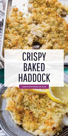 crispy baked haddock on a plate with lemon wedges