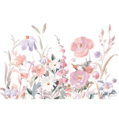 a painting of pink and purple flowers on a white background