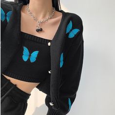 Butterfly Sweater Black, Black Butterfly Sweater, Pattern Street Style, Butterfly Cardigan, Lantern Sleeve Sweater, Hot Sweater, Cardigan Set, Black Hearts, Womens Camisoles