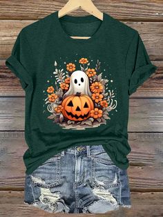 Plus Size Crew Neck Short Sleeve Pumpkin Printed Casual T-Shirt Dark Green Casual  Short Sleeve Knitted Fabric Animal,Geometric,Halloween,Letter,Plants,Textured Pattern  High Stretch  Women Plus Clothing, size features are:Bust: ,Length: ,Sleeve Length: Floral Halloween, Bow Shorts, Ghost Pumpkin, Fabric Animals, Pumpkin Print, Embroidered Shorts, Halloween Women, Kids Sleepwear, Plus Size T Shirts