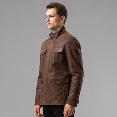 Made from fine quality genuine leather for a rugged look, this amazing motorcycle jacket for men offers ultimate comfort owing to its soft polyester lining. Featuring a conventional cuff style, its solid pattern proffers versatility that upgrades your casual look remarkably. Fitted with full sleeves, the zipper closure of this suave jacket provides the perfect fit. Upgraded further by its mandarin collar, get this splendid coat today!

Specifications
Brand Name: GeraldBlack
Material: Pigskin
Col Leather Biker Jacket With Long Sleeves For Outdoor, Rugged Leather Biker Jacket With Pockets, Leather Biker Jacket With Pockets For Outdoor, Masculine Winter Leather Jacket With Pockets, Brown Leather Biker Jacket With Stand Collar, Winter Leather Jacket With Multiple Pockets, Fall Leather Jacket With Multiple Pockets, Leather Outdoor Outerwear With Multiple Pockets, Fall Leather Biker Jacket With Multiple Pockets