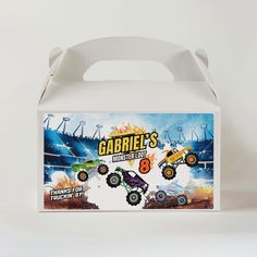 a white box with monster trucks on it and the words garble's