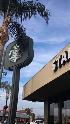 the starbucks sign is next to a palm tree