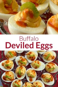 deviled eggs with red sauce and green onions in them on a plate next to an advertisement for buffalo deviled eggs