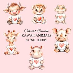 six cute animals with hearts on their chests and the words, clipart bundle kawai animals