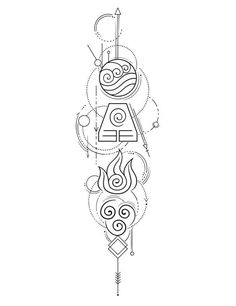 a line drawing of an arrow and two circles on the back of a tattoo design