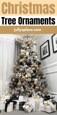 a christmas tree with presents under it and text overlay that reads, christmas tree ornaments