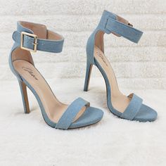 Open Toe Heels Single Toe Strap And Wide Ankle Strap With Workable Buckle Finish With A Wrap Stiletto Heel And Lightly Padded Insole. Measurement Heel Height: 4.5" (Approx) Runs True To Size Trendy Light Blue High Heels, Fitted Light Blue Heels With 4-inch Heel, Light Blue Fitted Heels With 4-inch Heel, Denim Heels With Heel Strap, Denim Heels With Ankle Strap, Denim Heels With Heel Strap And Open Toe, Denim Blue High Heel Party Shoes, Trendy Denim Heels With Ankle Strap, Denim High Heels With Heel Strap