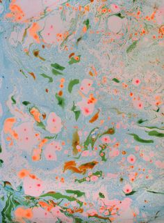 an abstract painting with pink flowers and green leaves on the bottom half of the image