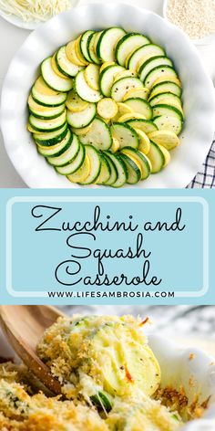 zucchini and squash casserole in a white bowl with a wooden spoon