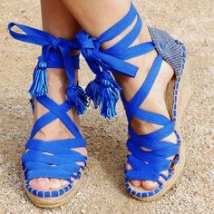 Spanish Espadrilles, Strappy Wedge Sandals, Womens Espadrilles Wedges, Tassel Sandals, Blue Wedges, Comfortable Wedges, Fringe Sandals, Women's Espadrilles, Blue Tassel