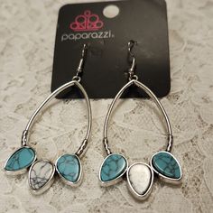 New In Package. Silvertone Earrings With Faux Turquoise And White Crackle Stones Turquoise Heart-shaped Sterling Silver Earrings, Turquoise Nickel-free Western Earrings, Elegant Turquoise Nickel-free Crystal Earrings, Artsy Nickel-free Turquoise Earrings, Turquoise Nickel-free Southwestern Earrings, White Turquoise, Paparazzi Jewelry, Turquoise Earrings, Earrings Color