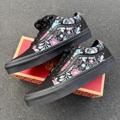 Custom Black/Black Vans Old Skool Sneakers with a pattern inspired by embroidery. PLEASE NOTE, THESE SHOES ARE CUSTOM PRINTED, NOT EMBROIDERED.  We source each pair of blank shoes brand new directly from Vans.  The ink is permanent and will never come off. Made in the USA. This price includes everything: shoes, artwork, and shipping.  Sizes listed are in US sizing scale. If you have any issues with your order, please feel free to reach out to us and we will be more than glad to help you! Note: Blvd Custom is in no way affiliated with any of the shoe brands or companies that are featured on our website. Each pair of shoes is ordered lawfully bought at retail price. Custom Vans Slip On, Shoes Artwork, Low Top Vans, Custom Vans Shoes, Vans Slip On Shoes, Halloween Shoes, Nike Converse, Black Vans, Men's Vans