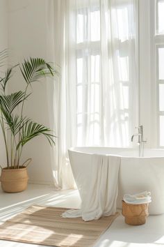 a white bath tub sitting under a window next to a potted palm tree on top of a rug