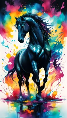 a black horse with colorful paint splatters on it