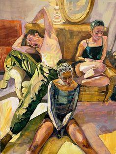 an oil painting of three people sitting on a couch