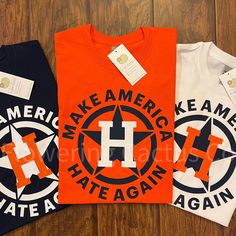 Houston Astros shirt/Houston Astros Tee/Astros shirt/Make America Hate Again/Houston Hate shirt/baseball tee/Astros shirt/MLB shirt/Mom shirt/Dad shirt/Astros Birthday gift Navy, Orange or White offered.   Please note - I have two different listings - THIS DESIGN is for Make America HATE again.  Double-check your order before submitting. Navy, orange or white Gildan crew neck. Heat transfer vinyl. 100% cotton Quarter-turned to eliminate center crease Double-needle stitching throughout Taped shoulder-to-shoulder Seamless rib at neck 7/8" collar Classic fit Tear-away label (in inches)               S     ML   XL2XL Full Body Length       28     2930   31        32 Sleeve Length       15 ⅝     1718 ½   2021 ½ Body Width               18     2022   24        26 Body Length               28 Houston Texans Shirts Vinyl, Astros Gifts, Astros Shirt, Houston Astros Shirts, Basketball Shirt Designs, Astros T Shirt, Flowering Cactus, Basketball Shirts, Houston Astros Logo