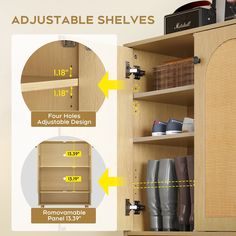 an image of shoe shelves with measurements for shoes and other items in them on the shelf