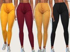 three different colored women's leggings with side stripes