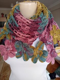 I carefully made a winter neck scarf decorated with crocheted flower motifs. Our elegant looking product is presented to you. It is 78.75 inches tall, 15.75 inches wide and the flowers are 3.9 inches. I hope you like it too. Crochet Shaw, Crocheted Flower, Flower Motifs, Flower Motif, Neck Scarf, Neck Scarves, The Flowers, Winter Scarf, Crochet Scarf