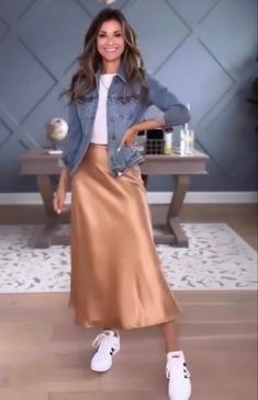 Champagne Satin Midi Skirt, Rose Gold Satin Skirt Outfit, Peach Satin Skirt Outfit, Rust Silk Skirt Outfit, Green Satin Maxi Skirt Outfit, Gold Slip Skirt Outfit, Tan Silk Skirt Outfit, Rust Satin Skirt Outfit, Styling A Silk Skirt