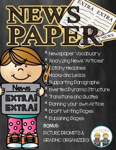 Everything you need to teach about writing a Newspaper Article including:  

UPDATED FEB 12/17 to include Bonus Picture Prompts with Brainstorming Organizers!

Mini Lessons ~
Newspaper Vocabulary, 
Analyzing Newspapers, 
Lead Sentences
Hooking your reader with a great Lead, 
Supporting Paragraphs, 
Inverted Pyramid Structure, 
Transition Words,
Interviewing and Quoting Sources.  

Included: Organizers for Planning an article and Draft writing pages with checklists to pull it all together. Just a Writing A Newspaper Article, Newspaper Vocabulary, Journalism Club, Pyramid Structure, School Newspaper, Inverted Pyramid, Transition Words, Picture Prompts, Newspaper Article