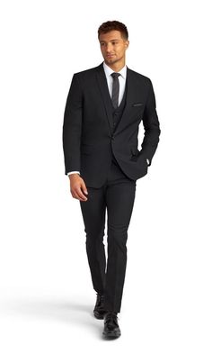 Black Notch Lapel Suit | Friar Tux Black Tie Single Button Blazer With Notch Lapel, Notch Lapel Single Button Blazer For Black Tie, Single Button Notch Lapel Blazer For Black Tie, Black Single Button Blazer With Flat Front, Black Tuxedo With Notch Lapel And Welt Pockets, Fitted Black Notch Lapel Blazer, Black Three-piece Suit With Notch Lapel, Black Slim Fit Blazer With Welt Pockets, Professional Black Blazer With Flat Front