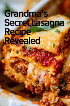 the cover of grandma's secret lasagna recipe revealed, with text overlay