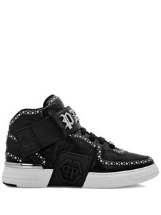 black/silver calf leather star stud detailing silver-tone logo plaque embossed logo to the side ankle strap round toe front lace-up fastening padded ankle branded insole flat rubber sole Mid Top Sneakers, Mid Top, Star Studs, Summer Beach Wear, Philipp Plein, Flat Boots, Ballet Flat Shoes, Pump Sandals, Ski Wear