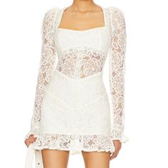 For Love And Lemons, Lacey White Mini Dress, Perfect For Any Formal Occasion, New With Tags And Never Worn Feminine White Lace Dress With Square Neck, Fitted Off White Mini Dress With Lace Trim, White Fitted Lace Dress With Square Neck, Off-white Lace Mini Dress, White Square Neck Lace Dress, Off White Fitted Lace Dress For Party, Fitted Off White Lace Mini Dress, Fitted Off White Lace Dress For Party, Fitted Off-white Lace Party Dress