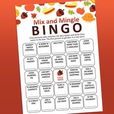 the printable mix and mingle bingo game is shown on an orange background with autumn leaves