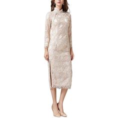 Color/Pattern: Apricot Approximately 47.6in From Shoulder To Hem 100% Polyester Hand Wash Imported Elegant Beige Knee-length Lace Dress, Elegant Beige Midi Dress For Winter, Beige Knee-length Cocktail Dresses, Elegant Long Sleeve Beige Lace Dress, Beige Evening Dress For Winter, Chic Beige Long Sleeve Lace Dress, Beige Midi Lace Dress For Formal Occasions, Fitted Beige Long Sleeve Midi Dress, Beige Long Sleeve Cocktail Dress