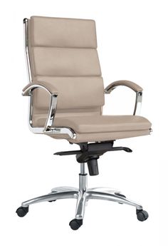 a beige office chair with chrome arms and wheels