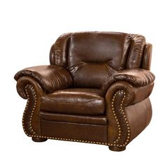 a brown leather recliner with studded trimmings on the arms and back