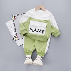 2-piece Sweatshirt & Pants for Children Boy - PrettyKid Green Cotton Crew Neck Sets, White Letter Print Crew Neck Sets, Green Long Sleeve Letter Print Sets, Green Long Sleeve Sets With Letter Print, Children Boy, Baby Hoodie, Color Block Sweatshirt, Letter Design