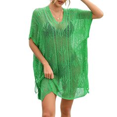 Green Hollow-out V Neck Knitted Beach Cover Ups Beach Cover Ups, Clothing Details, Loose Outfit, Cover Ups, Hem Style, Swimsuit Cover Ups, Beach Covers, Cover Up Dress, Batwing Sleeve