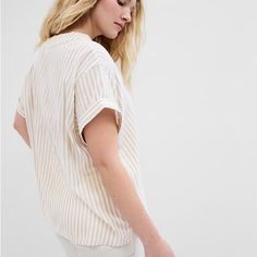 New With Tags. Straight Easy Fit. Hits At Hip. Short Sleeves With Folded Cuffs. V-Neck. Slits At Hem. 55% Cotton. 45% Rayon. Machine Washable Cold. Tumble Dry On Low. Chic White V-neck Top For Day Out, Casual White V-neck Top For Work, White V-neck Top For Spring Workwear, White Relaxed Fit V-neck Top, Neutral V-neck Top For Day Out, White Casual V-neck Blouse, Casual White V-neck Blouse, Effortless V-neck Top For Daywear, Neutral V-neck Top For Work