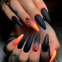 Fall Orange Nail Designs, Everyday Nails, Fake Nails Designs, Goth Nails, Halloween Nail Designs, Halloween Nail Art, Types Of Nails