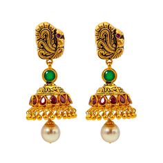 Shimmer and shine with cultural elegance when you wear this luxurious jewelry set from Virani! The vibrant array of emeralds and rubies used in the antique gold necklace and jhumka earrings add a dazzling effect when paired with traditional wear. Features• 22K Antique Gold.• Emeralds. • Rubies. Specifications• Minimum Necklace Width - 2 millimeters • Maximum Necklace Width - 48 millimeters• Necklace Length - 28 inches• Minimum Earring Width - 2 millimeters • Maximum Earring Width - 21 millimeter Green Ruby Jewelry With Intricate Design, Bollywood Style Ruby Jhumkas With Intricate Design, Heavy Ruby Traditional Jhumkas, Traditional Ruby Jhumkas With Tilla, Ruby Meenakari Jhumkas Temple Jewelry, Ruby Meenakari Temple Jewelry Jhumkas, Ruby Jhumkas With Intricate Design In Temple Jewelry Style, Festive Ruby Jhumkas With Intricate Design, Festive Ruby Jhumkas In Temple Jewelry Style