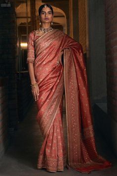 Meenakari brocade saree with kasab work and embellished kundan-sequin. Comes with blouse and petticoat.
Components:3
Embroidered
Neckline:V Neck
Sleeve Length:Half
Fabric: Brocade
Bead tassels
Note: Actual colours and motif design may vary slightly from the images shown.  - Aza Fashions Brocade Saree, Brocade Blouse, Party Sarees, Saree For Women, Brocade Blouses, Saree Designs Party Wear, Wedding Saree Indian, Tarun Tahiliani, Saree Trends