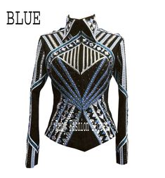 a women's jacket with blue and white designs on the front, in black and white