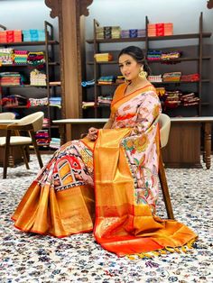 Pratibha Soft Banarasi Silk Kalamkari Block Print Design Party Wear Saree We take pride and excited to introduce these royal ethnic sarees to you! It's highly handpicked and designed exclusively just for you! Exult this festival/wedding season with these incredible weaved pure Soft Banarasi silk sarees, that is high in quality and weaving all over the body with Zari work and majestic contrast Kalamkari Design Print and royal ombre kind Pallu. It pairs with a contrasting blouse with a border to make them look even more classic and graceful. Saree Cut: 5.50 MT Saree Blouse: 0.80 MT || Easy Hand Wash ||  || 100% Quality assurance Item || PLEASE NOTE: Blouse that model is wearing is only for reference purpose. Kalamkari Design, Kalamkari Designs, Silk Saree Kanchipuram, Designer Sarees Collection, Kalamkari Saree, Party Wear Saree, Ethnic Sarees, Party Kleidung, Sari Fabric