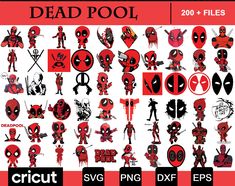 dead pool stickers are shown in various sizes and colors, including the symbol for each character